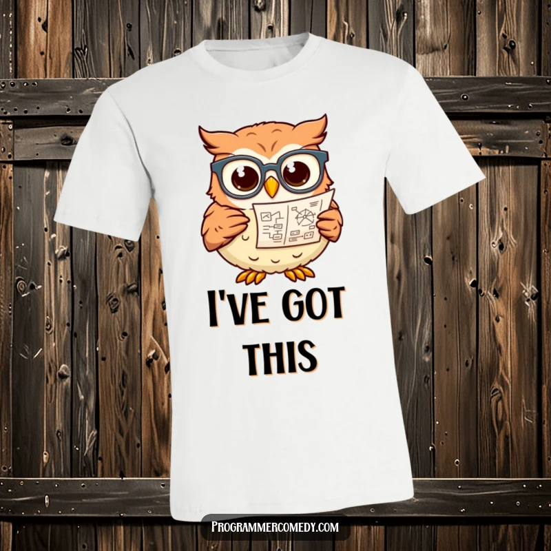 Funny owl wearing glasses peers at a complicated diagram on this humorous t-shirt, a great gift.