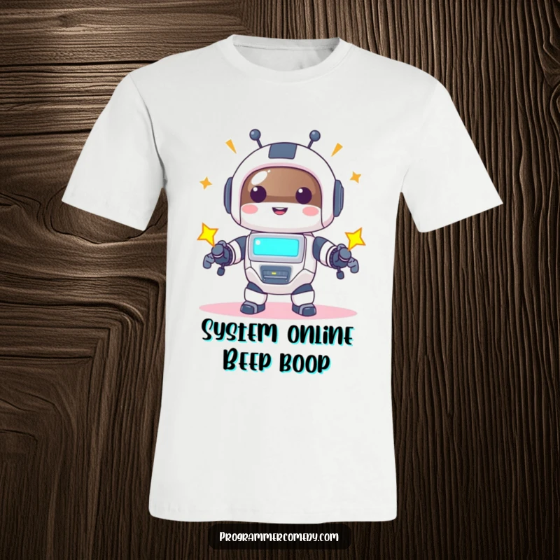 Funny robot animal T-shirt featuring a happy character powering up with a bright screen, symbolizing energy and joy.