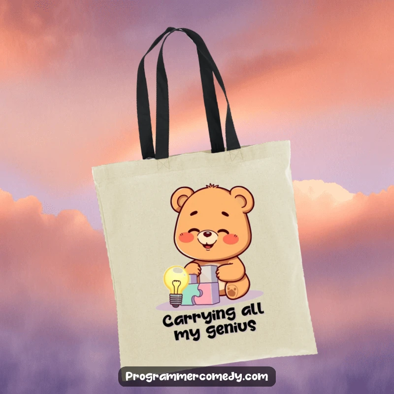 Funny bear cub character with a bright lightbulb, successfully solving a challenging puzzle, on a durable tote bag, excellent for a funny gift.