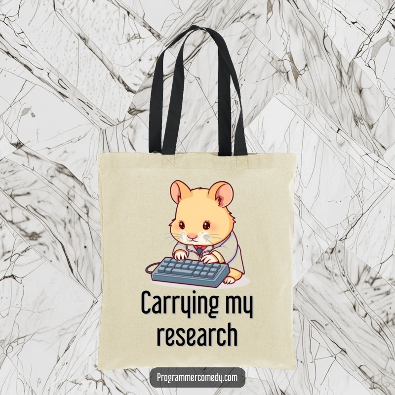 Funny hamster scientist tote bag depicting a determined hamster in a lab coat typing on a miniature keyboard, showcasing a humorous accessory.