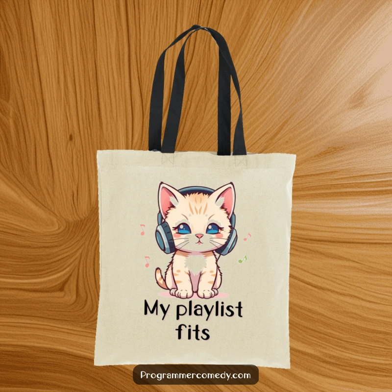 Funny kitten wearing headphones bops its head to music on a tote bag, a stylish funny gift.