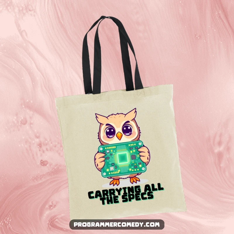 Funny owl tote bag showing a cheerful owl holding a large, illuminated circuit board, perfect for carrying tech essentials.