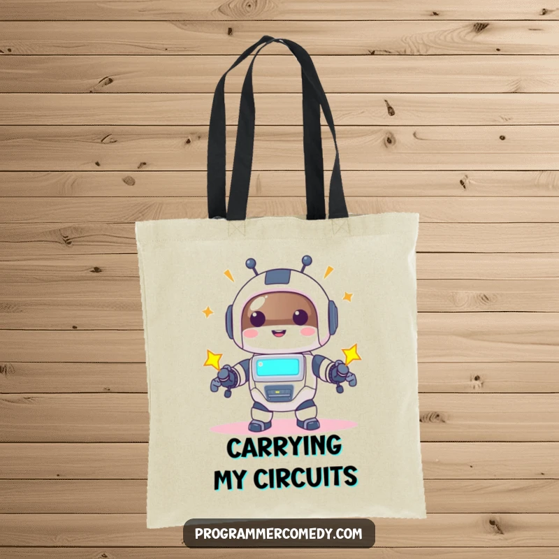 Funny robot animal tote bag with a happy character powering up with a bright screen, perfect for carrying tech and smiles.