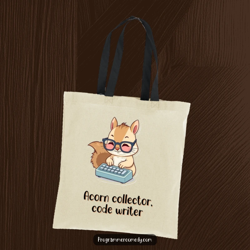 Funny squirrel tote bag showing a cute, bespectacled squirrel typing on a miniature keyboard, perfect for carrying tech goodies.